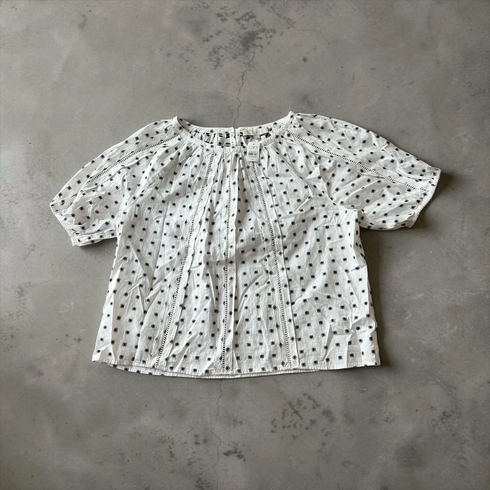 LOFT White Black Geometric Puff Short Sleeve 100% Cotton Blouse Women's XL